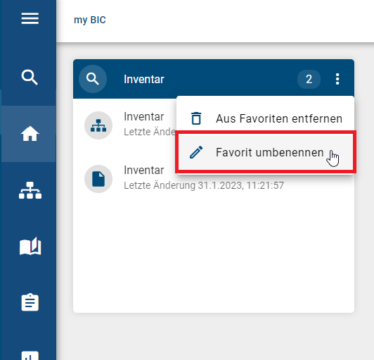 Der Screenshot zeigt das geöffnete Kontextmenü mit der Option "Favoriten umbenennen".