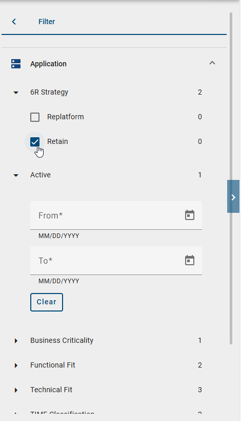 The screenshot shows the filter options in the right sidebar within the “Settings” panel.